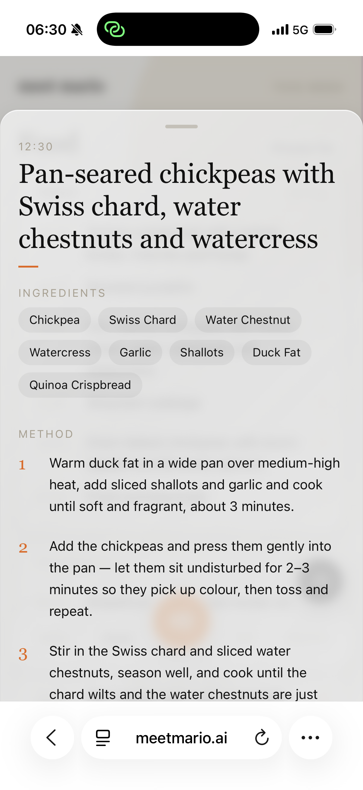 Anonymised native Meet Mario app screen showing a personalised recipe